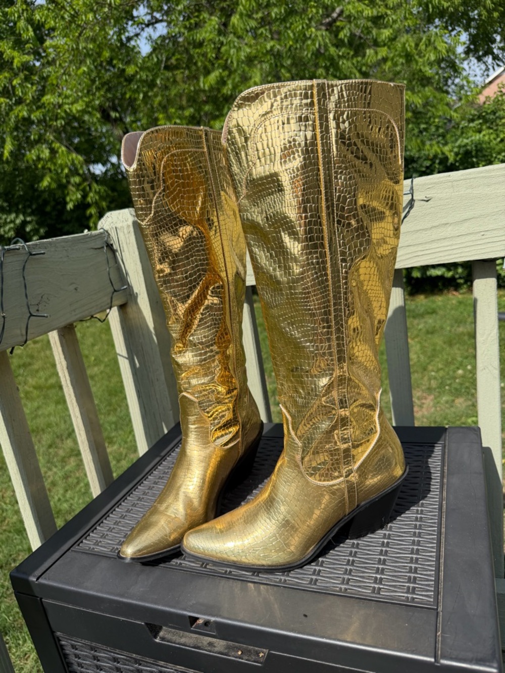 Amazon Gold Metallic Croc-Embossed Women's Knee-High Boots - Picture 2 of 7